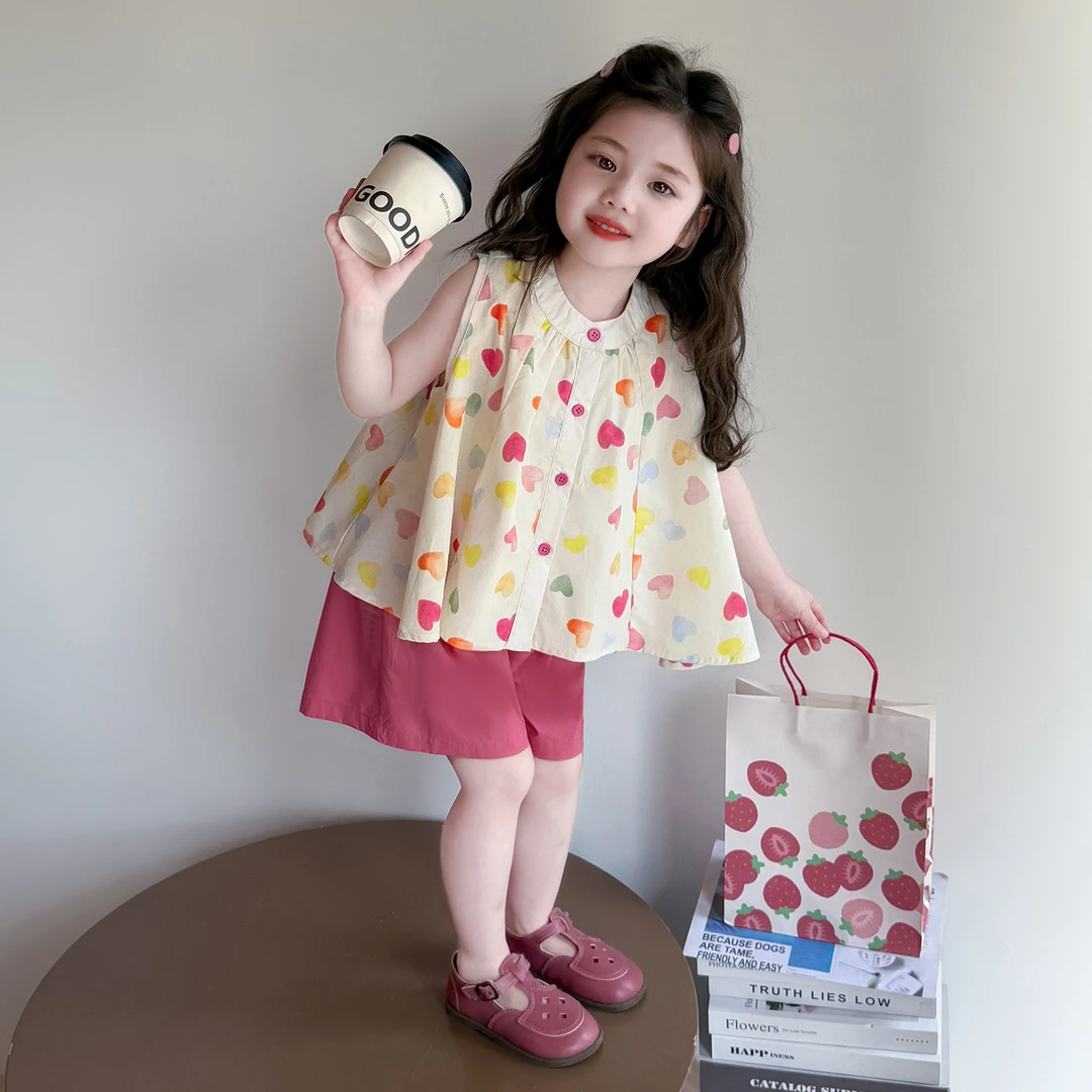 女童夏季套装2025新款儿童无袖爱心衬衫女宝宝短袖薄款纯棉两件套