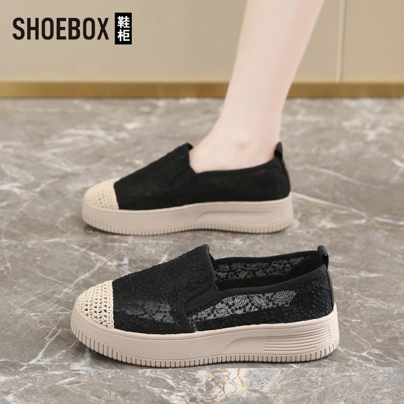 SHOEBOX鞋柜渔夫鞋女款2025新款夏季一脚蹬孕妇鞋蕾丝网面豆豆鞋