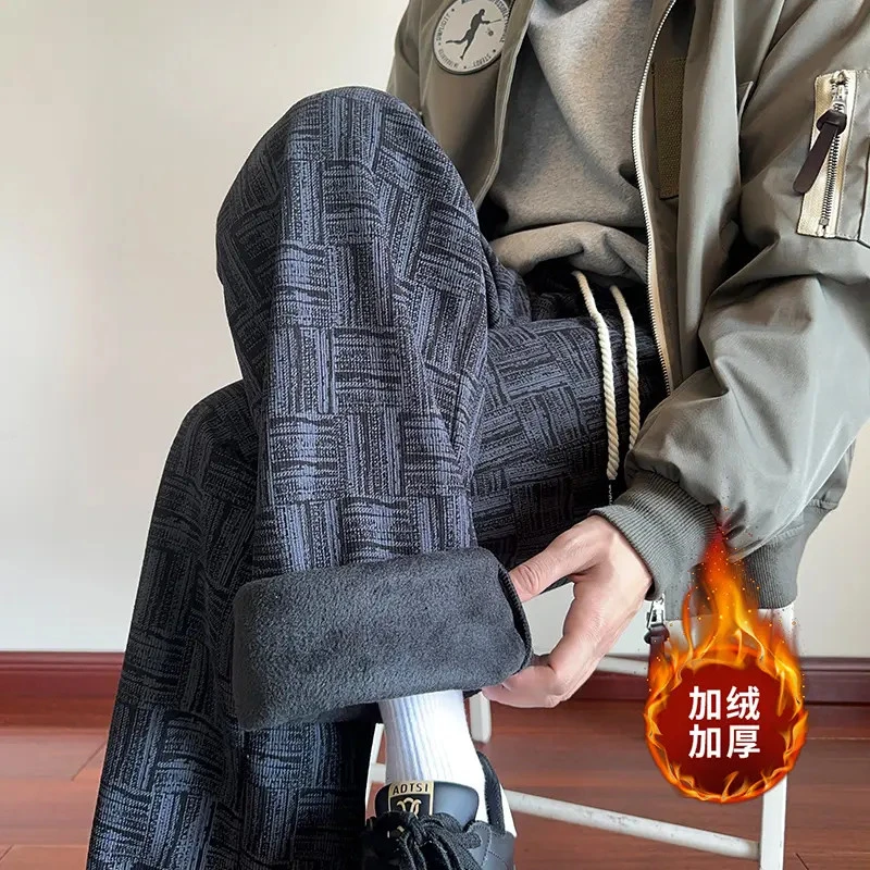 秋冬加绒加厚扎染裤子男款直筒裤宽松外穿阔腿百搭显高显瘦休闲裤