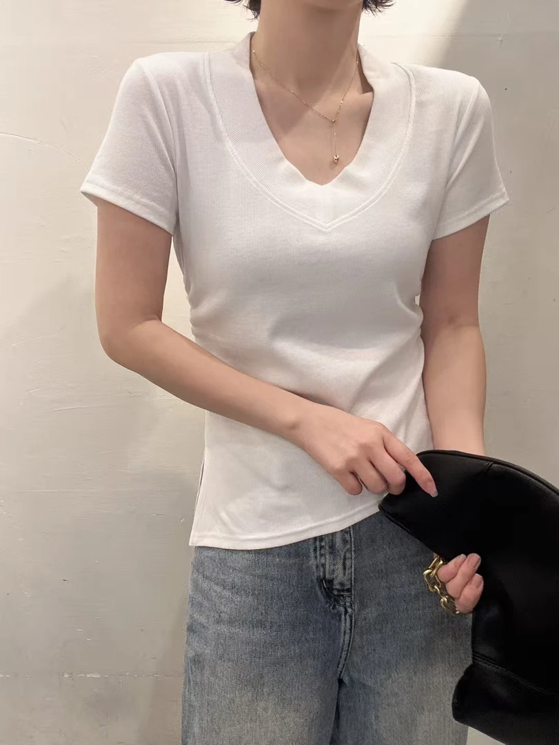炸款～壹彩V领超显瘦不规则显瘦短袖T恤衫3381