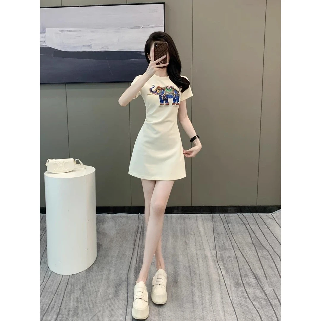 法式连衣裙女新款印花通勤名媛休闲收腰显瘦a字短裙设计感T恤裙女