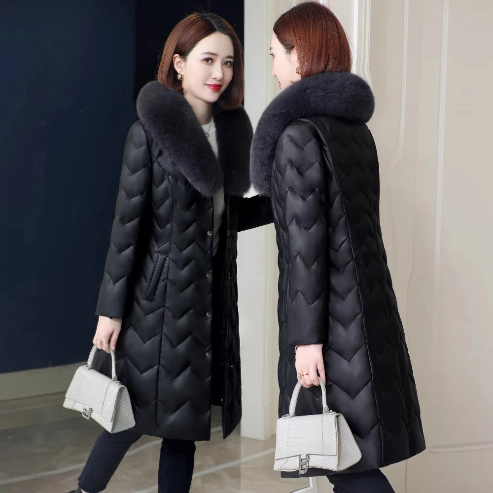 2025年冬季新款真皮羽绒服中年妈妈时尚狐狸毛领中长款绵羊皮外套