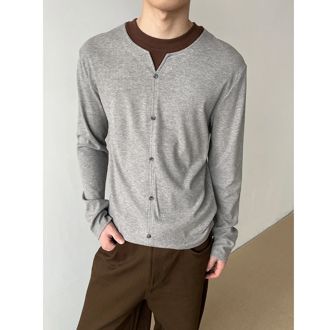 RINVE老钱风假两件撞色长袖针织衫男士修身内搭叠穿打底圆领上衣