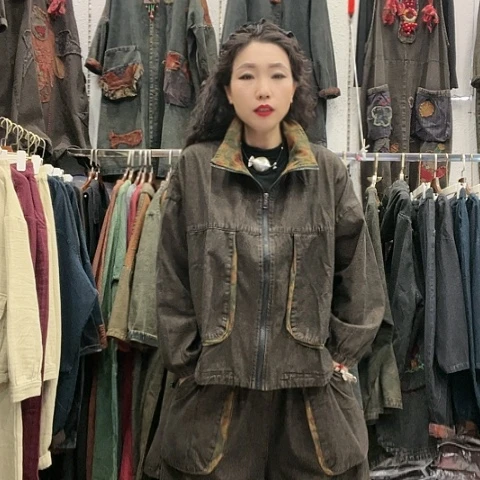 刺绣招财猫牛仔拉链套装