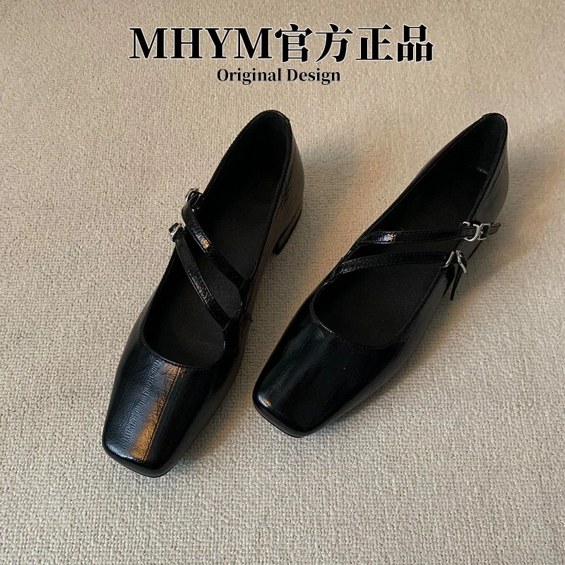 秒发MH官方小众设计方头双带小皮鞋简约百搭粗跟通勤玛丽珍女鞋