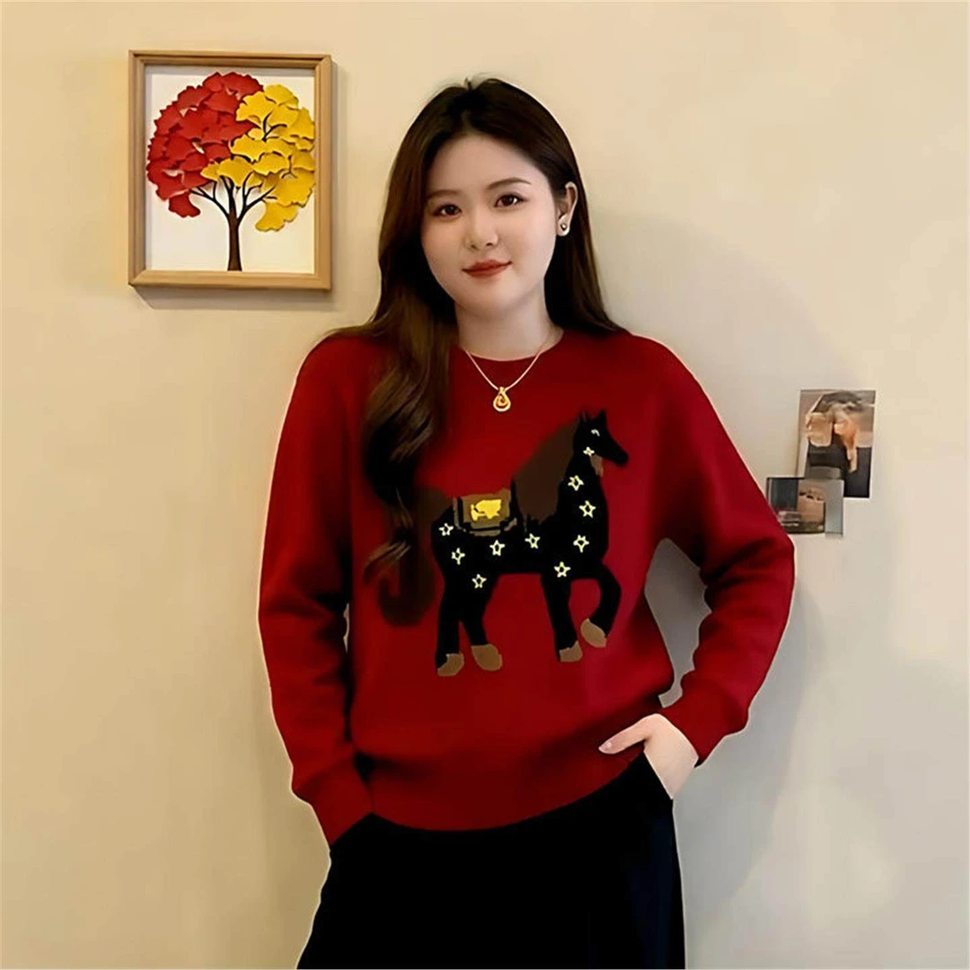 大码女装本面年小马红色毛衣针织衫冬季新款微胖mm内搭打底衫上衣