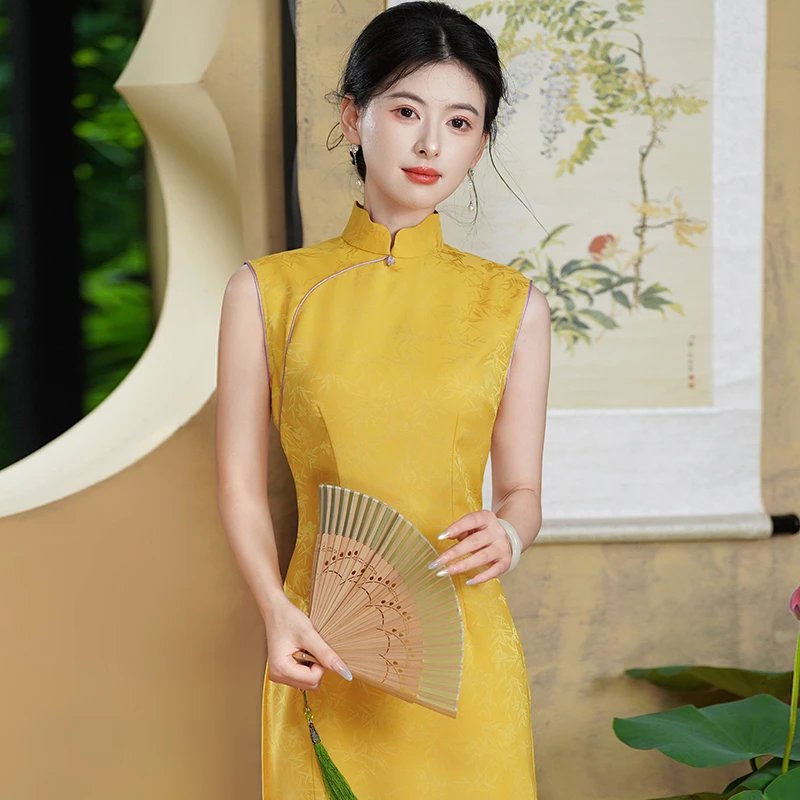 新中式旗袍高端日常可穿2025夏季素雅国风老上海裙子黄色改良礼服