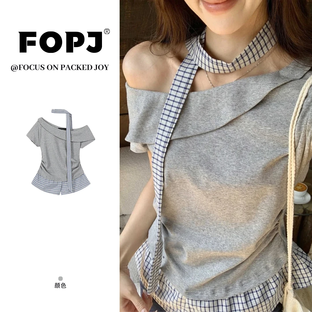 FOPJ夏季新款韩系穿搭斜肩假两件短袖t恤女小众百搭格纹拼接小衫