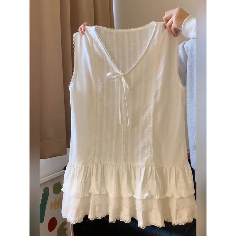 纯欲少女蕾丝蛋糕下摆无袖背心裙百搭叠穿坎肩小众吊带上衣女夏季