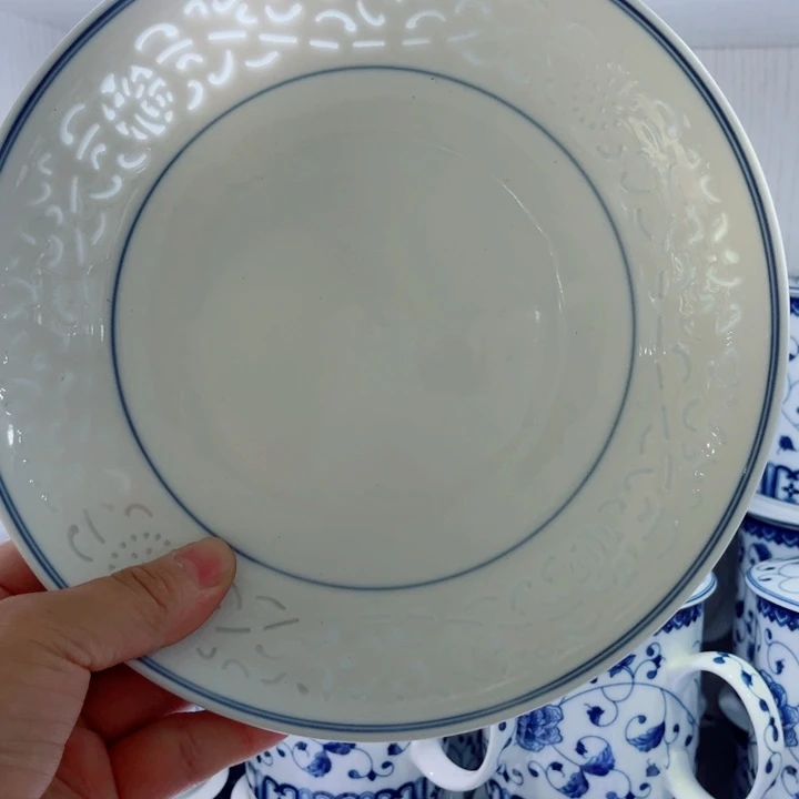 青花玲珑8寸窝盘满雕双福双线