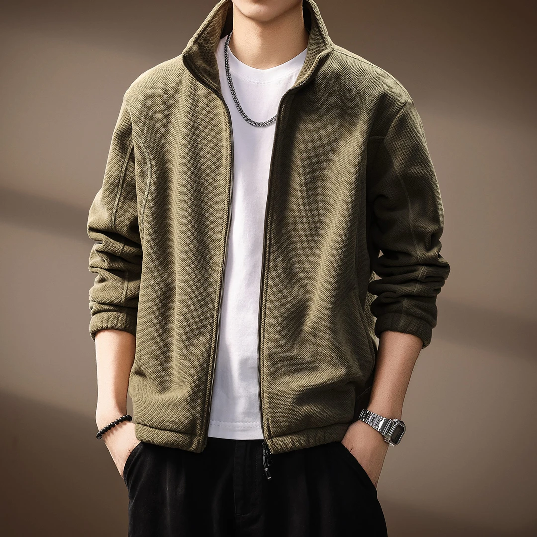 高端设计感美式复古开衫卫衣男士秋季新款宽松立领休闲上衣外套男