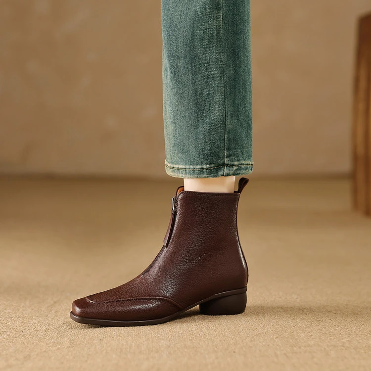 3cm 法式气质百搭粗跟短靴秋冬通勤休闲舒适软底简约时尚方头短靴