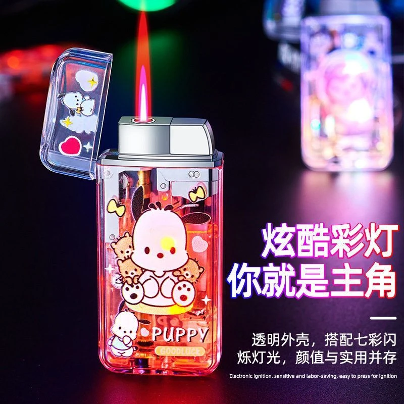 包邮新款个性LED彩灯透明防风打火机卡通图案充气打火机厂家
