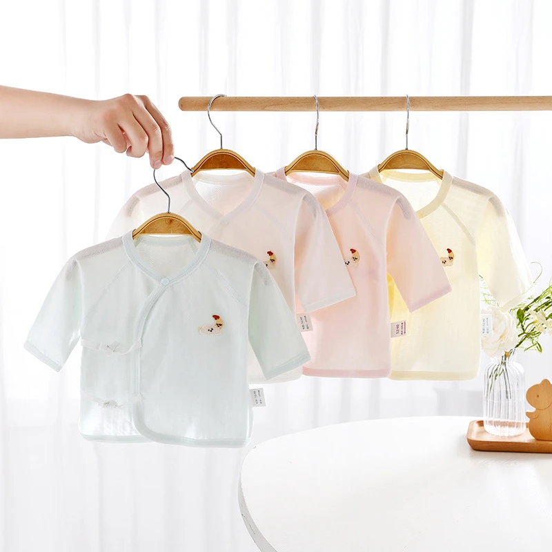 A类简约卡通和服吸汗上衣满月新生儿半背衣夏季薄款双层护肚上衣