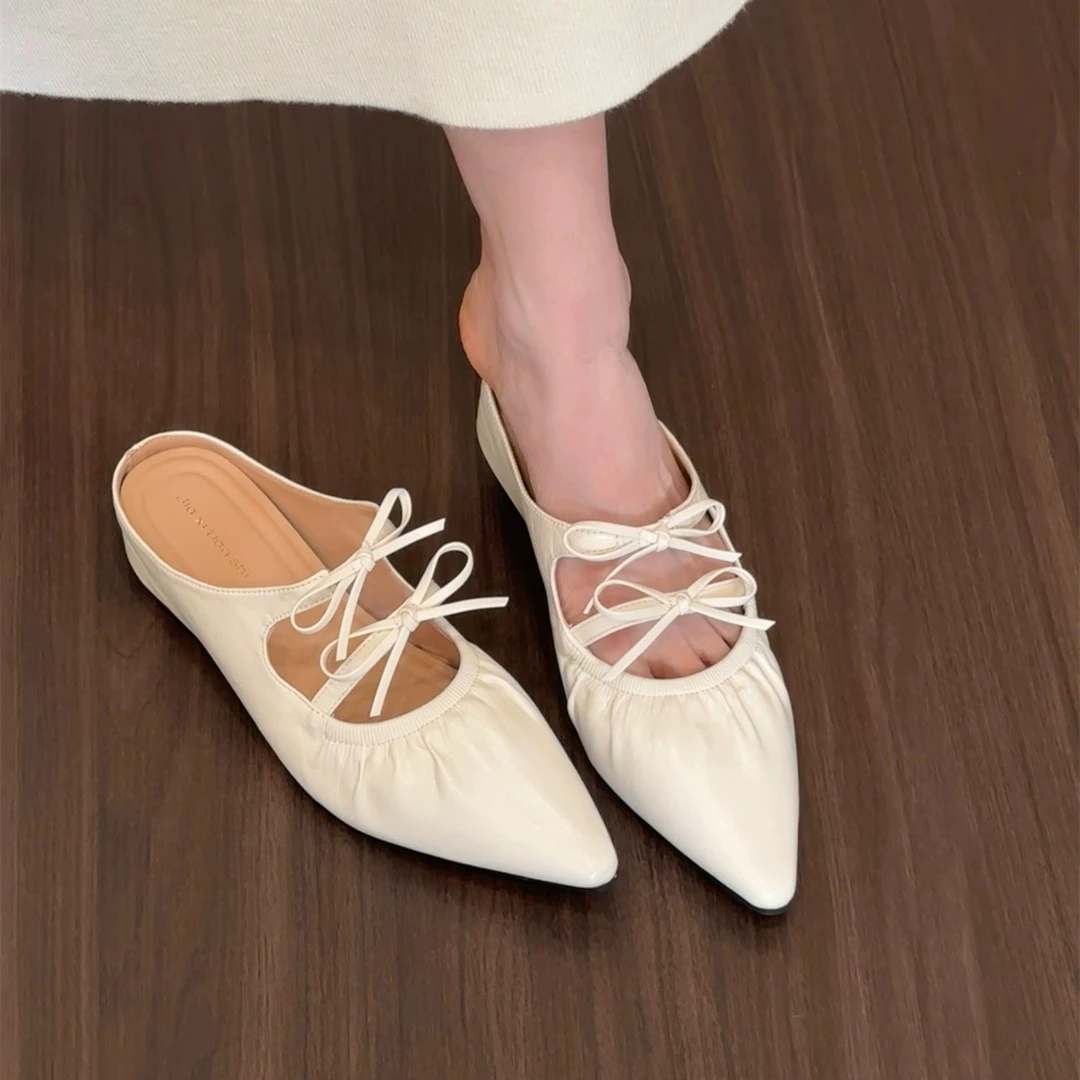 【法国设计师】内增高白色温柔包头半拖鞋女鞋子外穿2025春夏季蝴