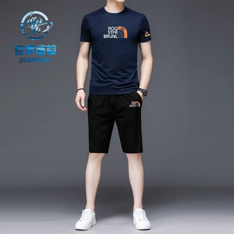 欧货男夏季凉感冰丝短袖短裤套装男款男青年潮流宽松五分裤两件套