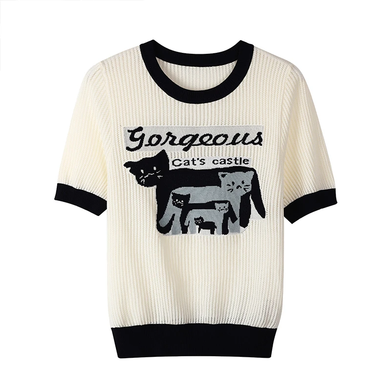 卡通英文针织衫女夏季新款2025年圆领气质减龄时尚上衣DFL11140