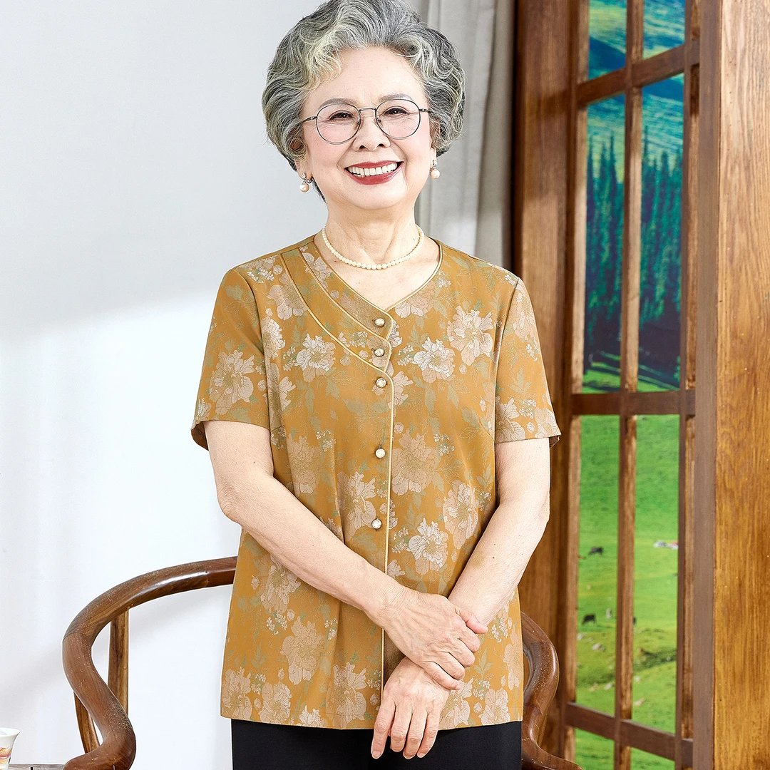 洋气妈妈装夏季衬衫新中式国风奶奶夏季宽松衬衣短袖老太太衣服女