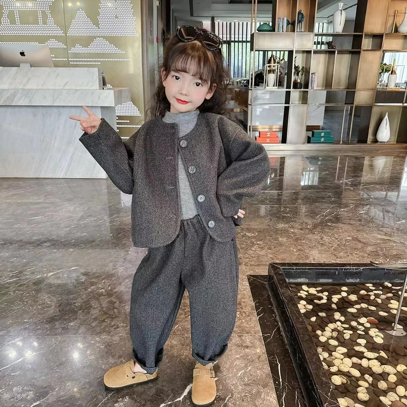2025春款加厚毛呢2件套韩系男女宝宝套装韩范2件套