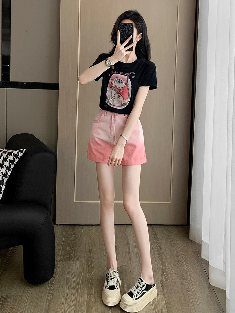 短袖t恤套装女新爆款洋气减龄正肩猫咪短款渐变牛仔短裤子两件套