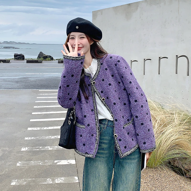 紫色波点小香风针织开衫外套女春新款小个子时尚粗花呢短款上衣