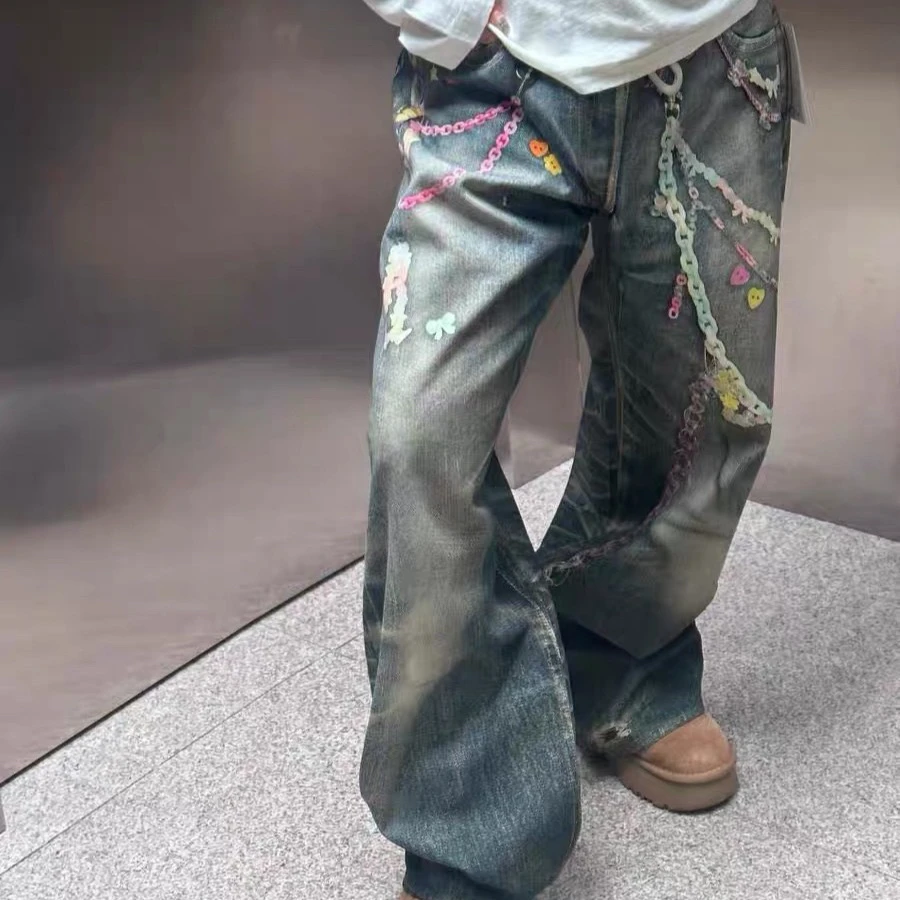 XUAN · 3D错觉印花糖果链条直筒弯刀Baggy宽松牛仔裤