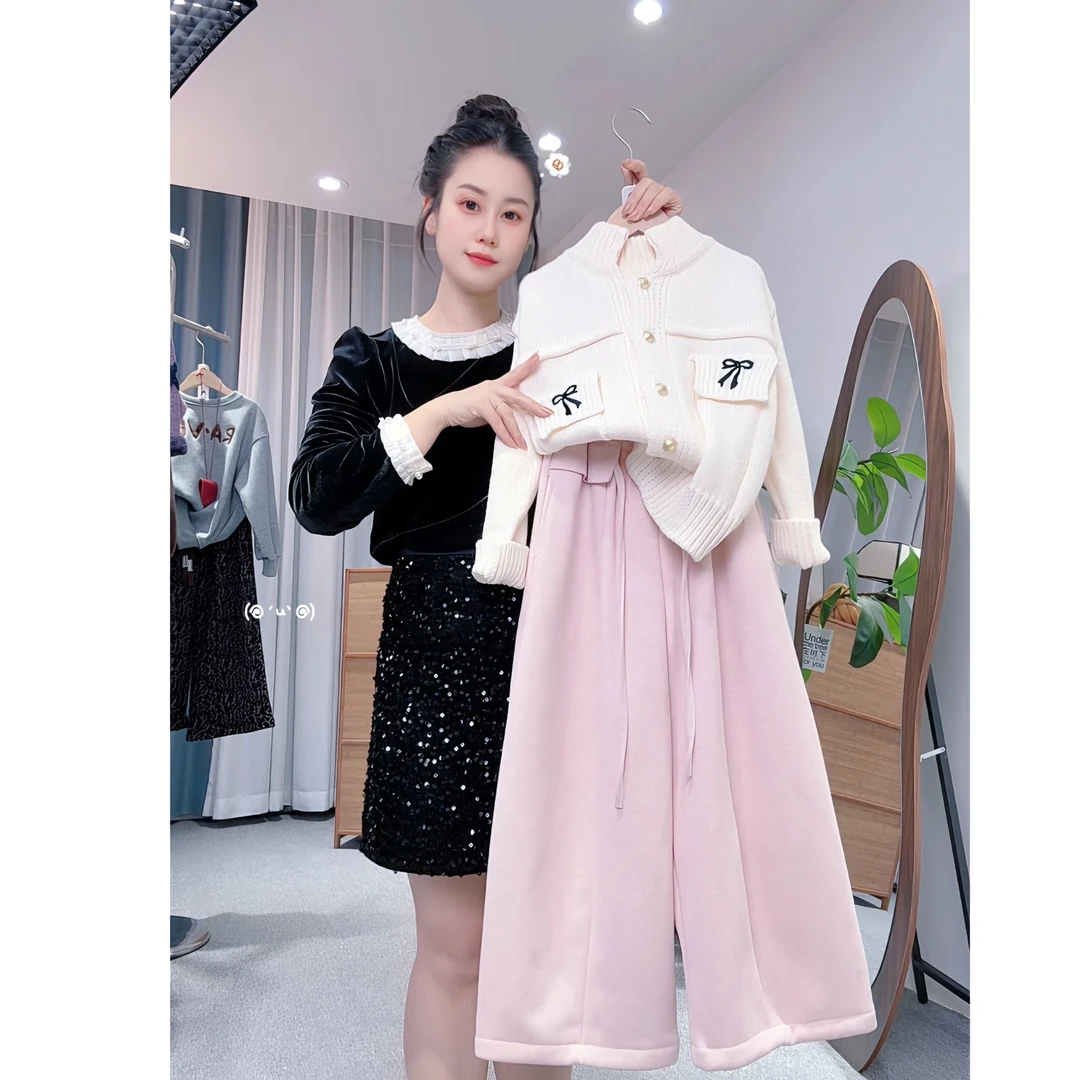 女童毛衣外套秋冬2025新款小香风套装针织开衫一体绒卫裤两件套