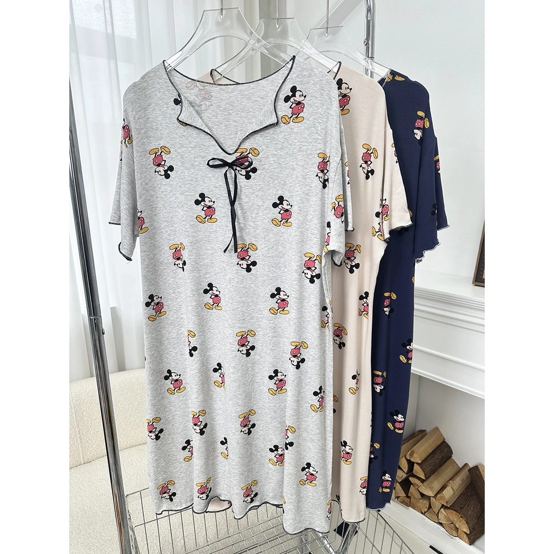 莫代尔夏季女式睡裙家居服卡通印花睡衣中长裙弹力大码宽松时尚