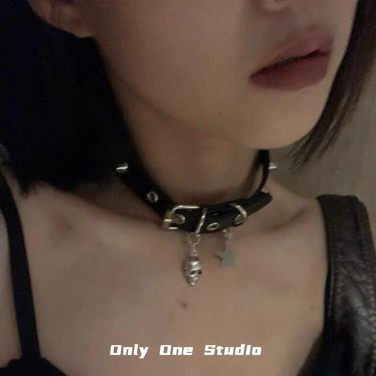 合金皮质项链暗黑朋克摇滚y2k辣妹五角星骷髅皮项链chocker颈链项