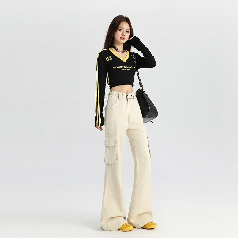 时尚高腰杏色微喇工装牛仔裤女2025春季新款腰带多口袋拖地裤休闲