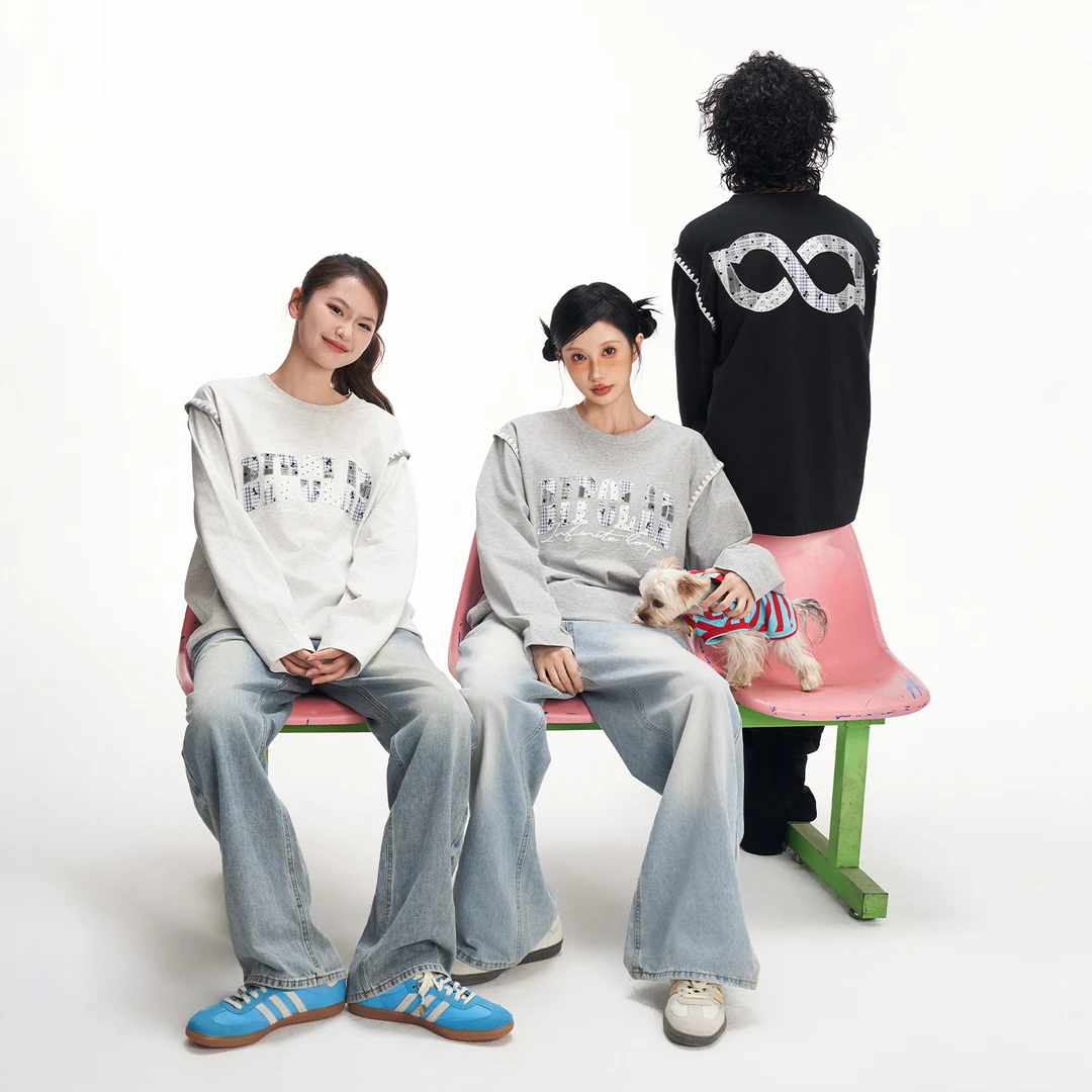 BIPOLAR蕾丝波点贴布圆领宽松美式运动长袖卫衣11S080