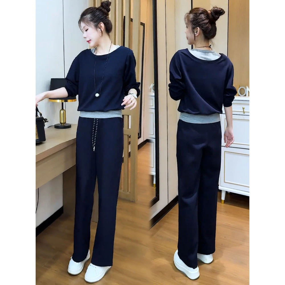 时尚休闲套装女2025秋季新款时髦洋气假两件上衣阔腿裤运动两件套