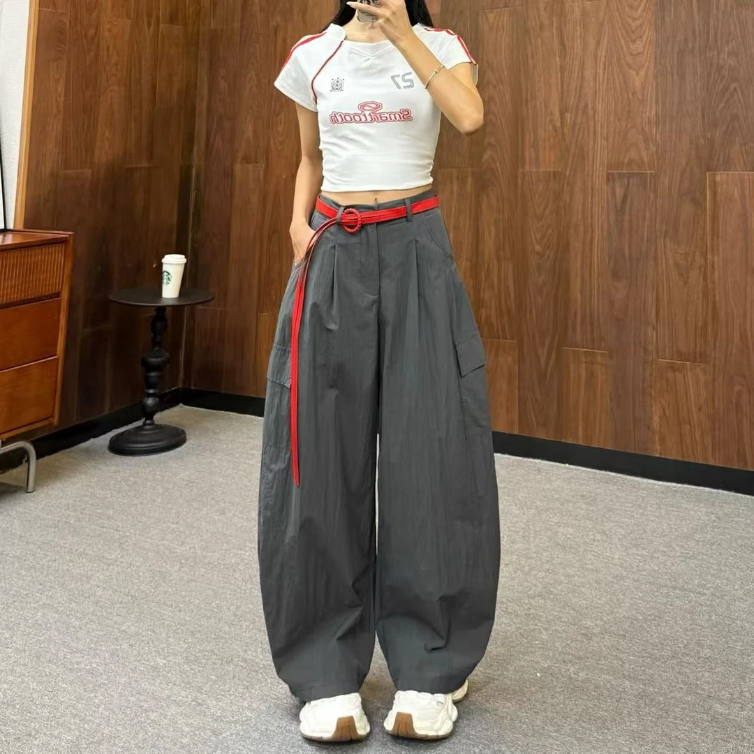 时尚灰色工装酷飒风弯刀裤女夏季薄款复古撞色腰带宽松显瘦休闲裤