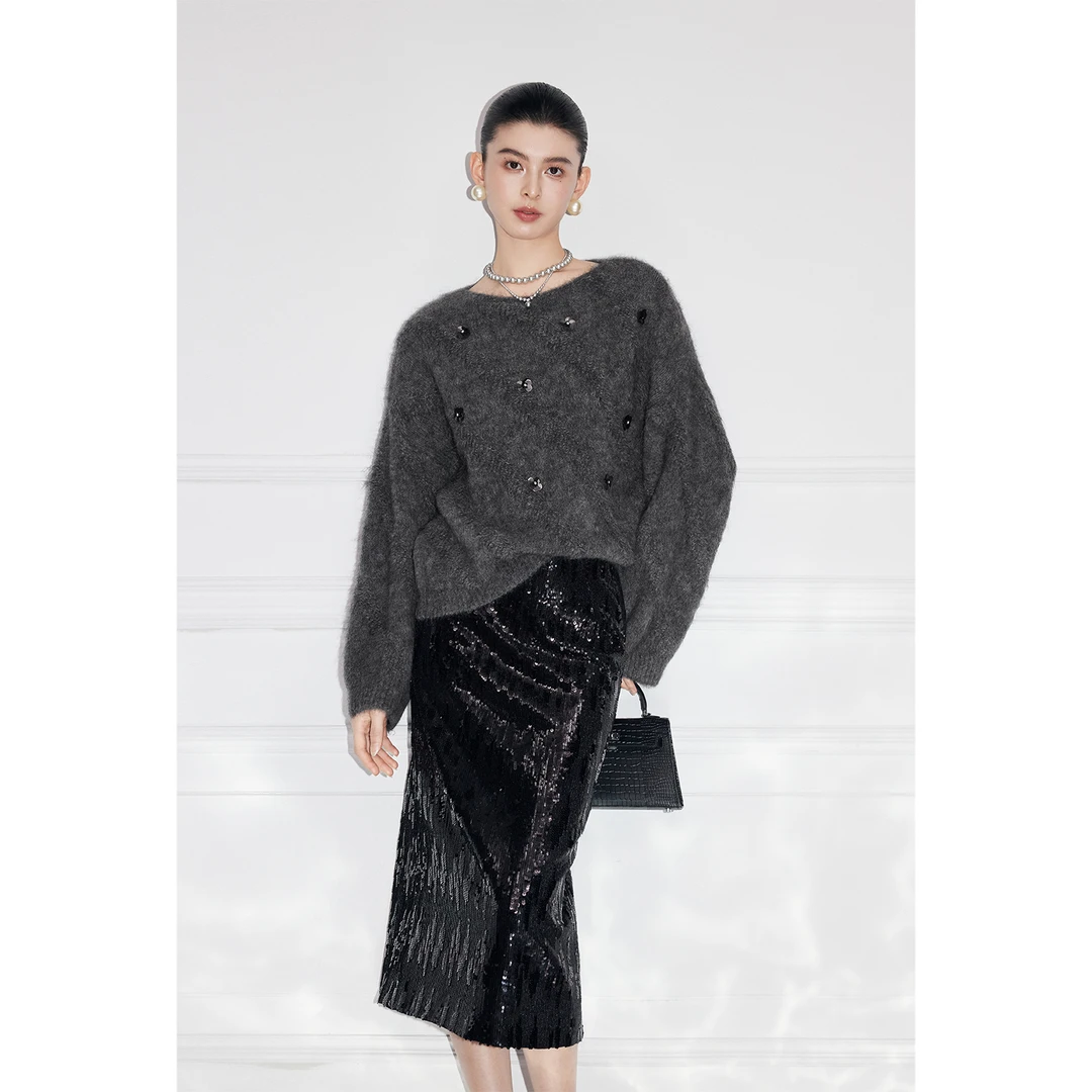 MandyZhang灰色重工钉珠立体花朵羊驼毛针织衫女秋冬气质套头毛衣