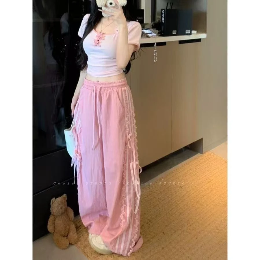 宅女甜美套装镂空挂脖短袖T恤女夏季花边蝴蝶结休闲裤两件套