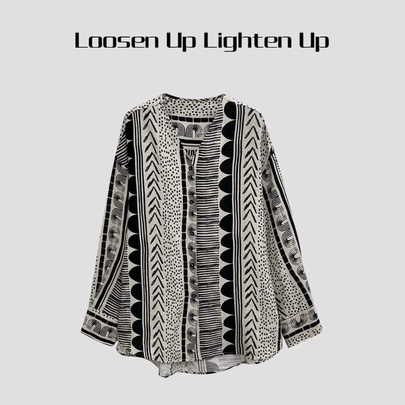 Loosen Up【仲夏晚风】100%亚麻复古几何艺术感印花宽松显瘦V领衬衫