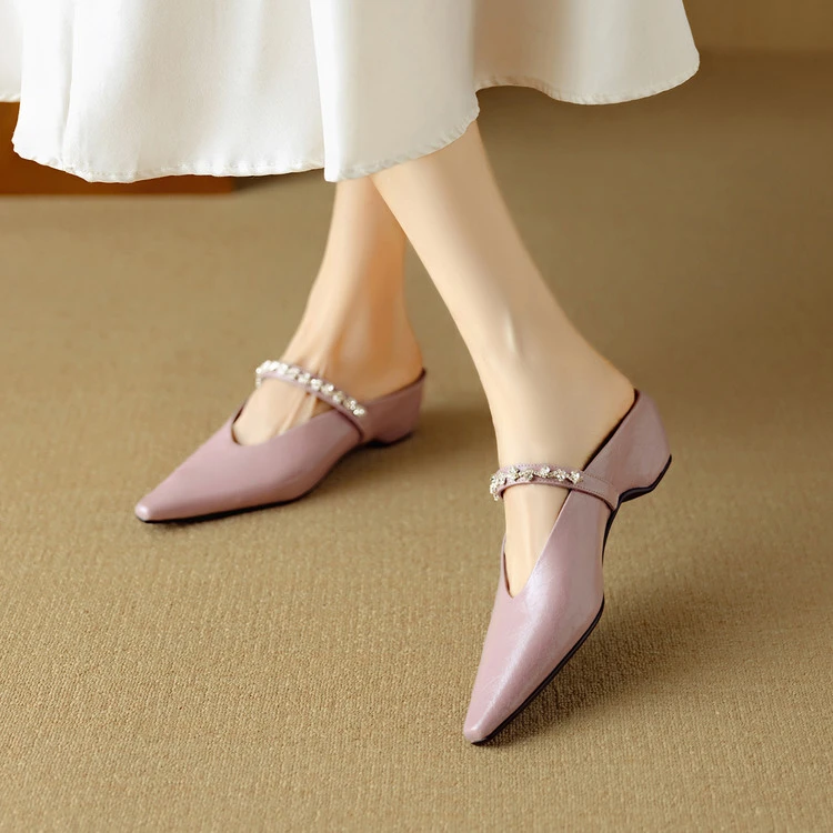 牛皮~4.8cm内增高尖头包头半拖鞋女夏外穿水钻穆勒凉拖鞋中跟坡跟