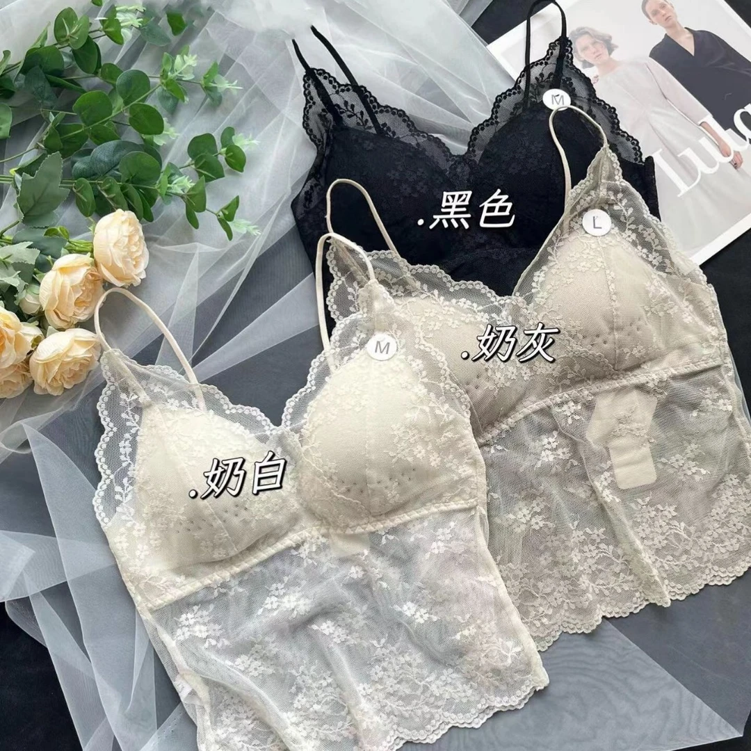 蕾丝控少女性感纯欲内衣一体固定杯速干透气吊带背心时尚内搭