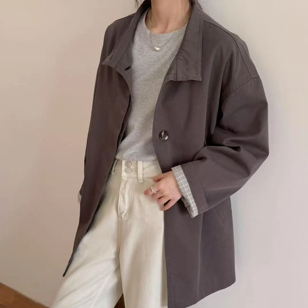 2025秋季新款韩系立领休闲百搭宽松纯色风衣外套