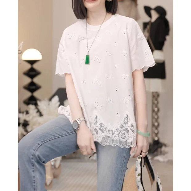 白色圆领短袖拼接蕾丝T恤女2025夏季新款宽松显瘦镂空设计感上衣