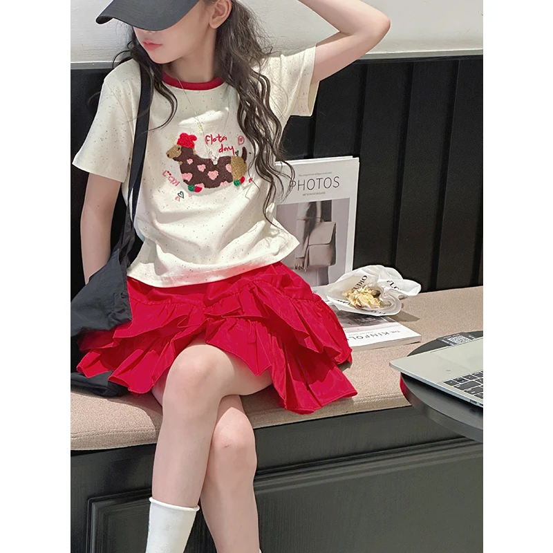 K28912毛巾绣女童短袖套装裙2025新款夏装儿童休闲两件套裙子时髦
