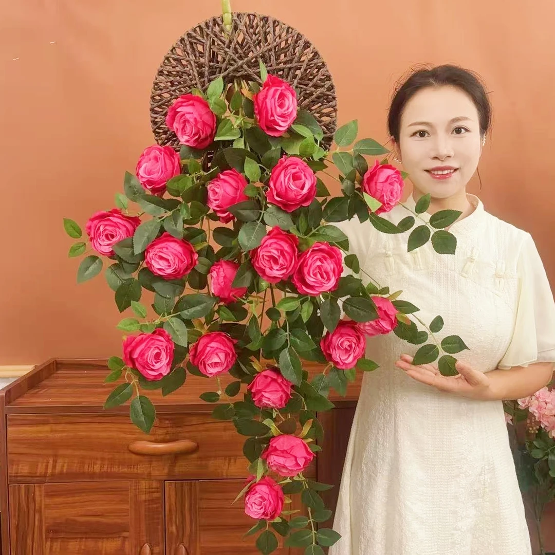 【送圆盘】仿真雪山玫瑰壁挂花阳台墙壁绿植物装饰假花吊花客厅挂墙