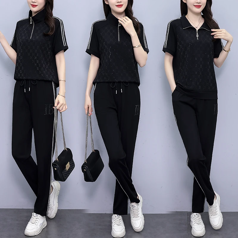 2025夏季新款时尚洋气宽松显瘦运动套装烫钻立领上衣+休闲两件套