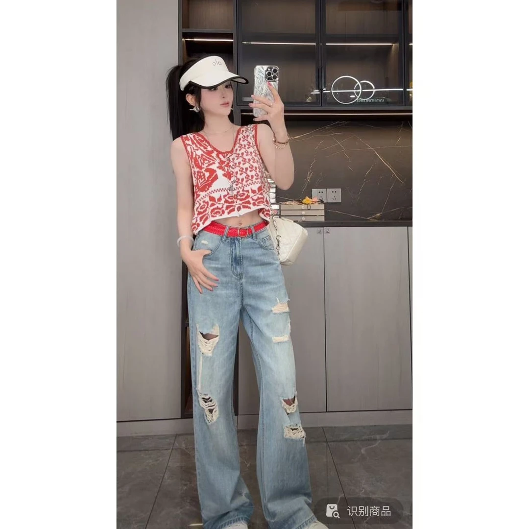 曼曼【率性破洞~】 美式宽松绣破洞显瘦阔腿牛仔裤女