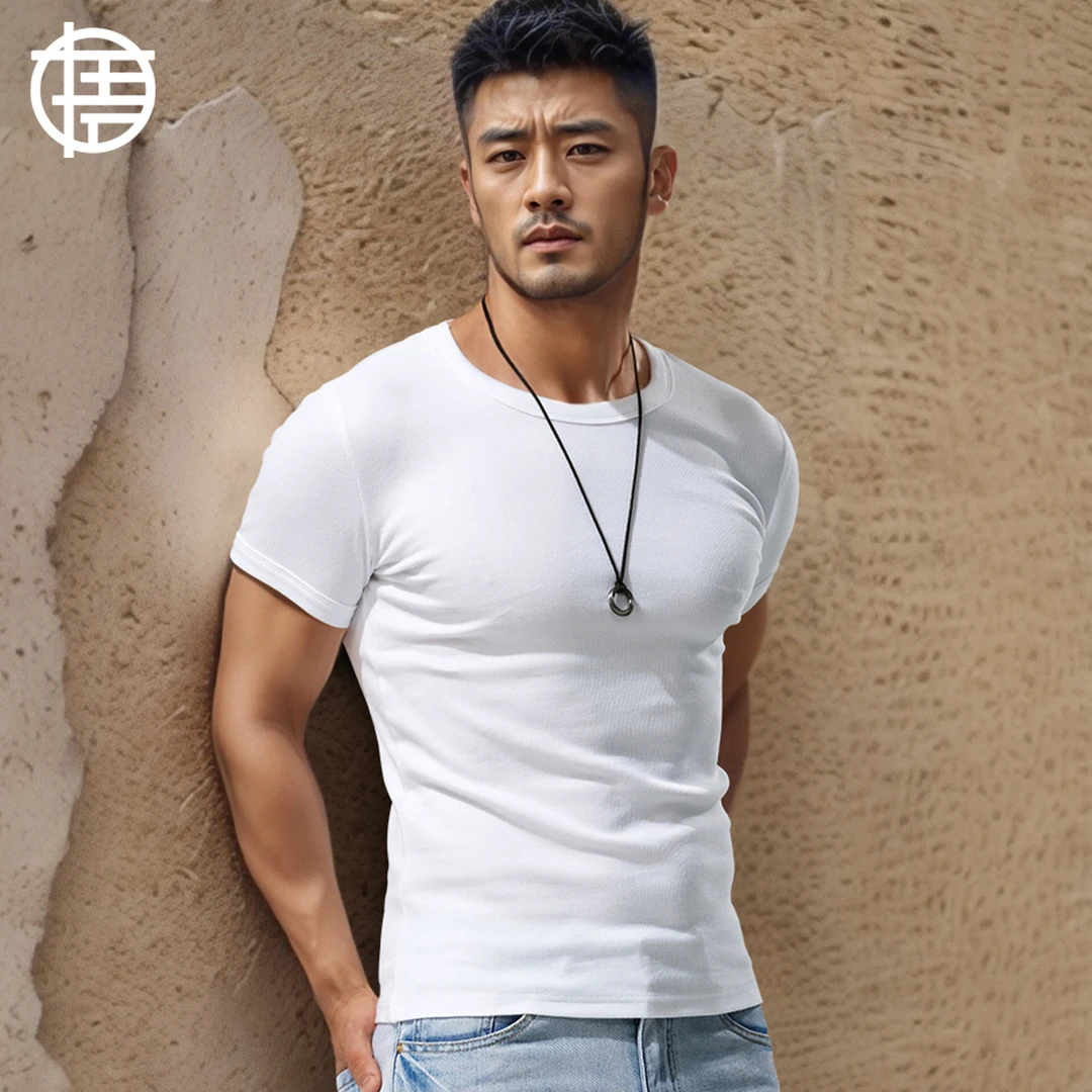 重磅螺纹打底衫男士短袖t恤纯色棉运动修身紧身弹力贴身半袖夏季