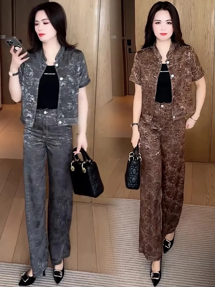 时尚休闲套装女2025夏季新款洋气显瘦减龄短袖开衫阔腿裤两件套潮