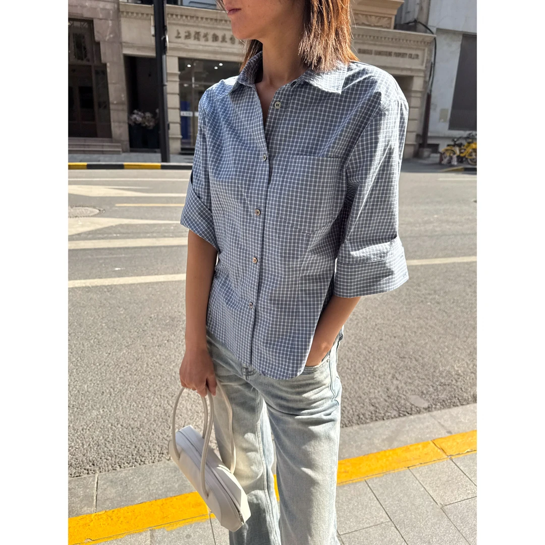 25春夏简约格子衬衫 通勤六分袖