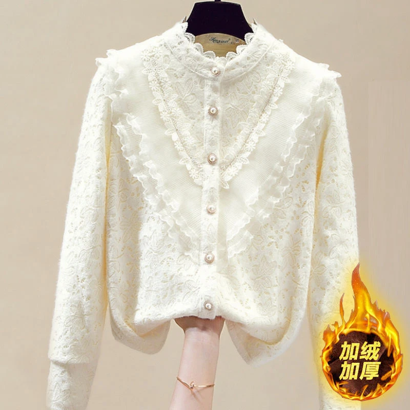 加绒加厚秋冬新款衬衫女时尚修身上衣花边打底衫洋气百搭蕾丝小衫