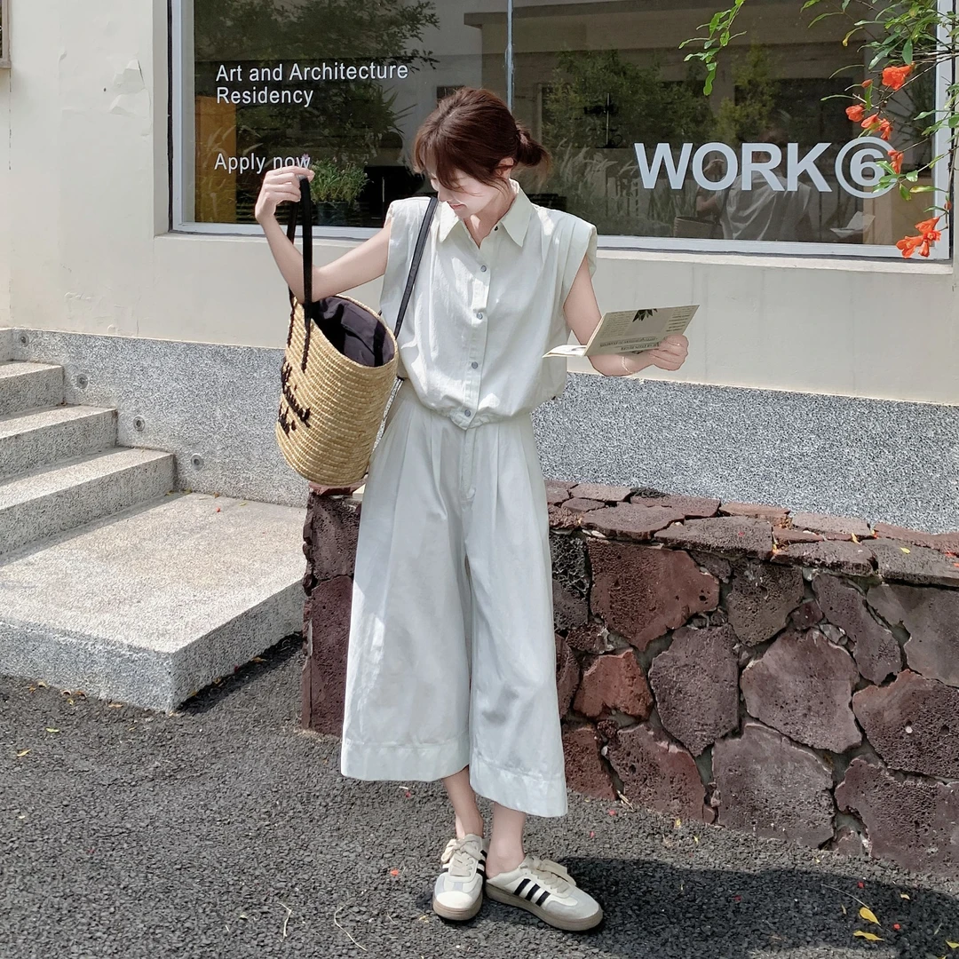 韩系通勤穿搭套装裤女2025夏季新款无袖抽绳上衣九分阔腿裤两件套
