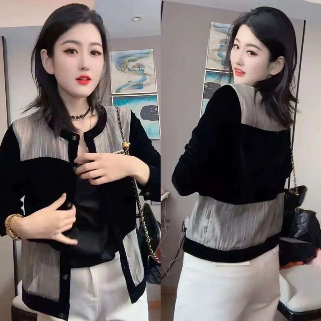 浪漫金灰丝绒拼接衫1103HYYQ